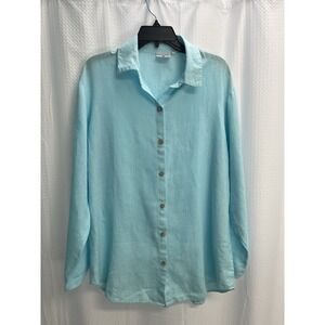 Spirit Activewear 100% Linen Aqua Blue Button Front Lagenlook Tunic Blouse Med